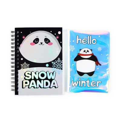 Подарочный набор новогодний, голографический блокнот и обложка на паспорт, Snow panda