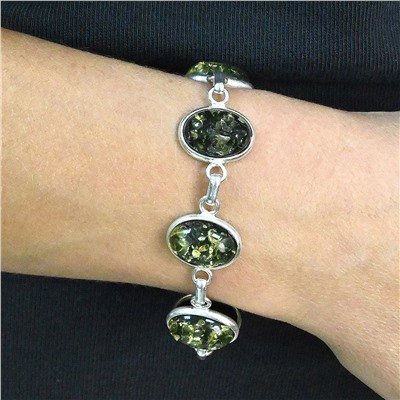 Браслет с янтарём в посеребрении 6 овалов 20*15мм зеленый, 21см