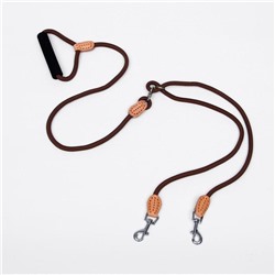 Поводок 8 мм со своркой на 2 собак, полиэстер и натуральная кожа, 73 + 2×57 см, коричневый