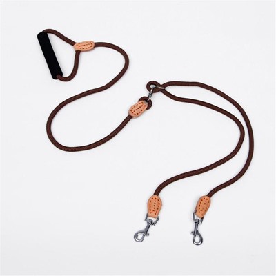 Поводок 8 мм со своркой на 2 собак, полиэстер и натуральная кожа, 73 + 2×57 см, коричневый