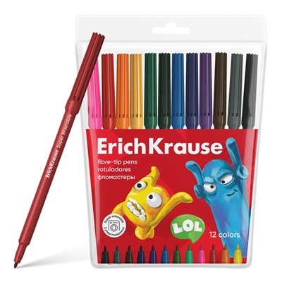 Фломастеры 12 цветов, ErichKrause Jolly Friends Super Washable, вентилируемый колпачок, МИКС