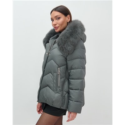 Куртка зимняя женская с мехом и капюшоном тренд темно-серого цвета 7759TC