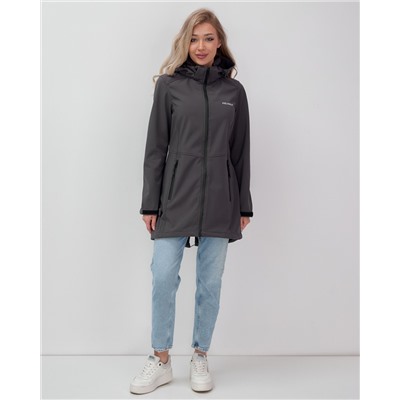 Парка спортивная женская с капюшоном softshell темно-серого цвета 9568TC