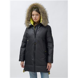 Куртка женская зимняя с мехом енот премиум класса черного цвета 871Ch