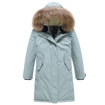 Куртка парка зимняя подростковая для девочки с капюшоном и мехом бирюзового цвета 9446Br