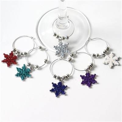 Маркеры для бокалов с подвесками "Блестящие Снежинки", набор 6 штук. Металлические