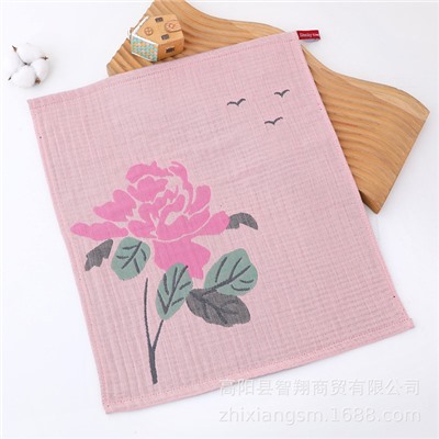 Zhiyang new red fruit peony flower five-layer yarn large square towel soft water absorption manufacturer wholesale Korean kitchen towel