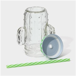 Кружка Доляна «Кактус», 450 мл, 11×7×15 см, стекло, с крышкой и трубочкой, прозрачная