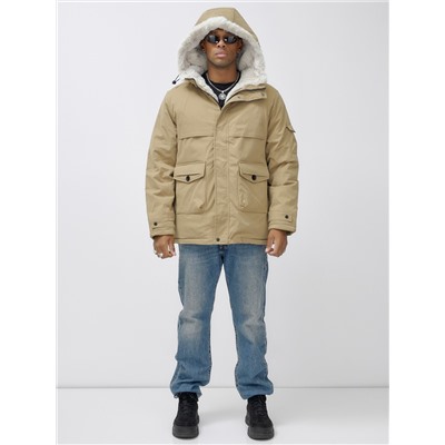 Парка мужская зимняя удлиненная с мехом горчичного цвета 8757G