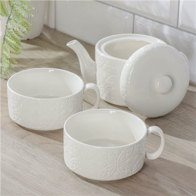 Набор чайный Доляна «Эстет. Орнамент», 3 предмета: чайник 400 мл, 2 кружки 280 мл, фарфор, белый