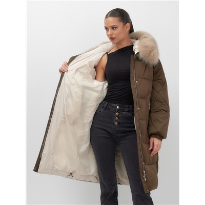 Пальто зимнее утепленное с мехом и капюшоном тренд горчичного цвета 7629G