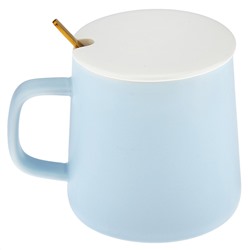 Кружка фарфоровая "Пожелания" 370мл, д9,1см h9см, матовая глазурь, деколь с золотом, цвет - голубой, фарфоровая крышка, ложка металл., окрашенный "золото" 13,2см, д/горла 7,9см, д/основания д8,6см, в подарочный коробке (Китай)