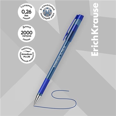 Ручка шариковая ErichKrause ULTRA-30, узел-игла 0.7 мм, чернила синие, резиновый упор, длина линии письма 2000 метров