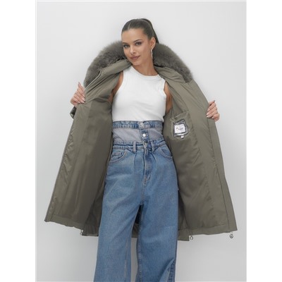 Пальто зимнее утепленное с мехом и капюшоном тренд коричневого цвета 7630K