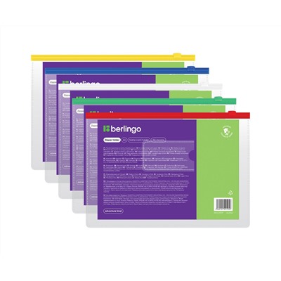 Папка-конверт на молнии Berlingo А4, 150мкм, с карманом для визиток, прозрачная, ассорти