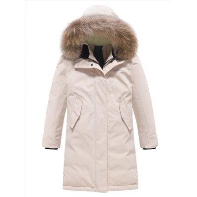 Куртка парка зимняя подростковая для девочки с капюшоном и мехом бежевого цвета 9446B