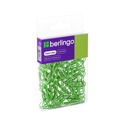 Скрепки 28мм, Berlingo, 100шт., цветные, ПВХ упак., европодвес, зеленые