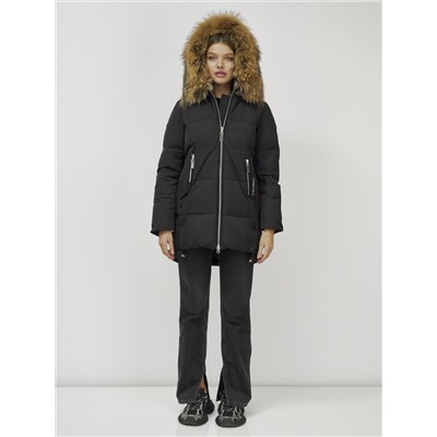 Куртка женская зимняя с мехом енот премиум класса черного цвета 381Ch
