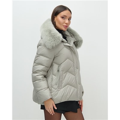Куртка зимняя женская с мехом и капюшоном тренд светло-зеленого цвета 7759ZS