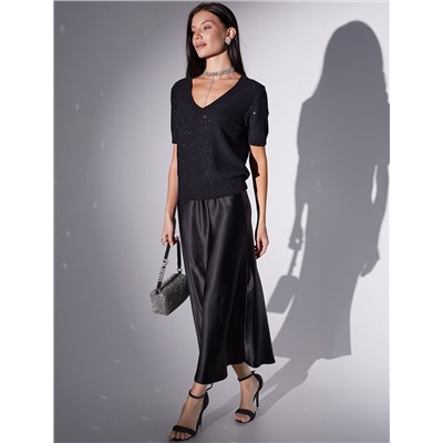 Джемпер с V вырезом и коротким рукавом из хлопковой пряжи с пайетками