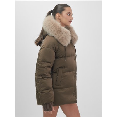 Куртка зимняя женская с мехом и капюшоном тренд горчичного цвета 7658G