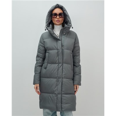 Пальто зимнее утепленное с капюшоном женское темно-серого цвета 7618TC