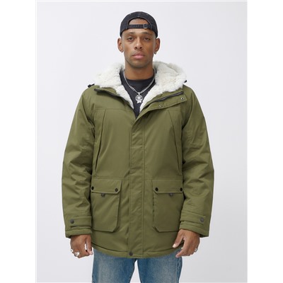 Парка мужская зимняя удлиненная с мехом хаки цвета 8753Kh