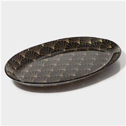 Блюдо сервировочное Доляна «Золотое перо», овальное, 24.5×15 см, стекло, чёрное