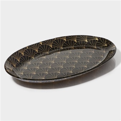 Блюдо сервировочное Доляна «Золотое перо», овальное, 24.5×15 см, стекло, чёрное