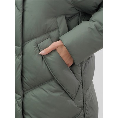 Пальто зимнее утепленное с мехом и капюшоном тренд цвета хаки 7745Kh