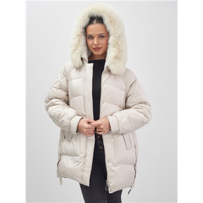 Куртка зимняя женская с мехом и капюшоном тренд бежевого цвета 7608B