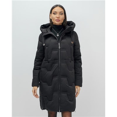 Пальто зимнее утепленное с капюшоном женское черного цвета 7638Ch