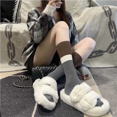 Japanese gray black and white stitching double -pin calf socks men and women in autumn cotton cotton long and knee socks show thin pile socks ins