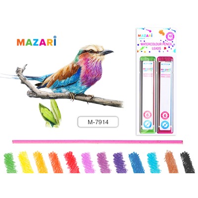 Грифели цветные акварельные для карандашей автомат 12цв 90мм d=3мм Mazari M-7914*/18/Китай