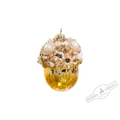 Желудь с жемчужинами, бисером и пайетками золотой (стекло) 6,5х6,5х8 см