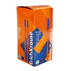 Ручка шариковая ErichKrause R-301 Orange Stick, узел 0.7 мм, чернила синие, длина линии письма 2000 метров, штрихкод на ручке
