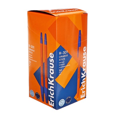 Ручка шариковая ErichKrause R-301 Orange Stick, узел 0.7 мм, чернила синие, длина линии письма 2000 метров, штрихкод на ручке
