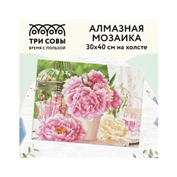 Алмазная мозаика ТРИ СОВЫ "Розовые пионы", 30*40см, холст, картонная коробка с пластиковой ручкой