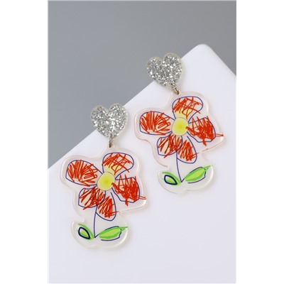 Серьги акриловые «Цветы» нарисованные, цветные в серебре