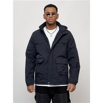 Куртка спортивная мужская весенняя с капюшоном темно-синего цвета 88028TS
