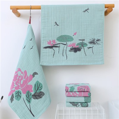 Zhiyang new red fruit peony flower five-layer yarn large square towel soft water absorption manufacturer wholesale Korean kitchen towel