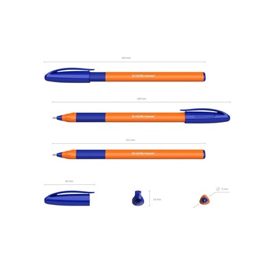 Набор ручек шариковых 3 штуки, ErichKrause U-109 Orange Stick&Grip, игольчатый узел 1.0 мм, чернила синие, супермягкое письмо, резиновый держатель, корпус оранжевый