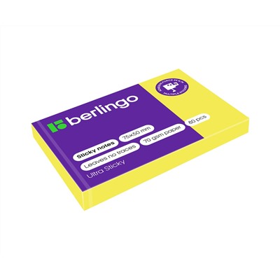 Самоклеящийся блок Berlingo "Ultra Sticky", 50*75мм, 80л., желтый неон