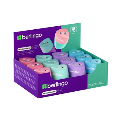 Точилка пластиковая Berlingo "Haze XL", с контейнером, 2 отверстия, ассорти