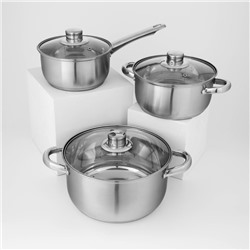Набор посуды Доляна «Сильве», 3 предмета: сотейник 1.5 л, d=16 см, кастрюли 2 л, 4 л, d=18 см, d=22 см, крышки, индукция, нержавеющая сталь