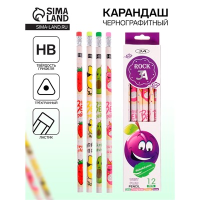 Карандаш чернографитный твёрдость НВ «Фрукты/Ягоды» с ластиком, корпус круглый, шестигранный, МИКС, цена за 1 штуку