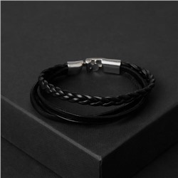 Браслет кожаный «Переплетение» классика, 5 нитей, чёрный с серебром, d=7 см