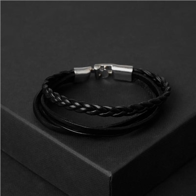 Браслет кожаный «Переплетение» классика, 5 нитей, чёрный с серебром, d=7 см