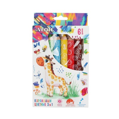 Карандаши цветные акварельные 6 цветов, мини deVENTE Jumbo 3 в 1 супер мягкие, d=14.7 мм; L-110 мм с точилкой