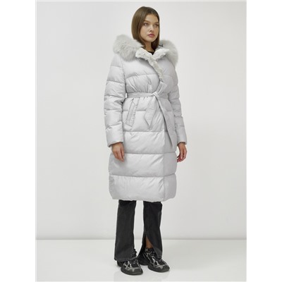 Пальто утепленное с капюшоном и мехом зимнее женское светло-серого цвета 133203SS